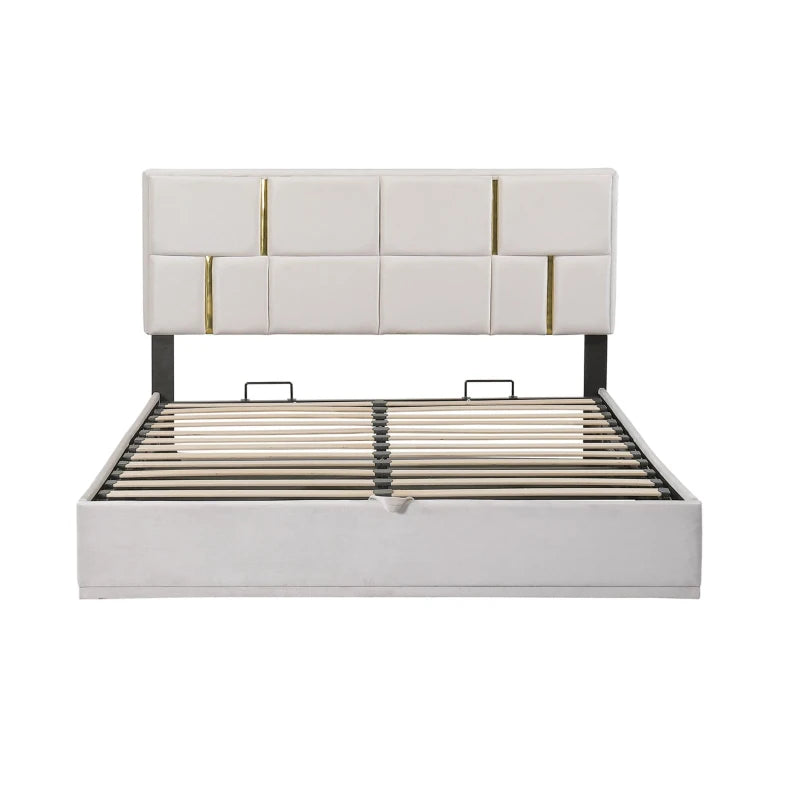 Lit queen rembourré avec rangement - Beige