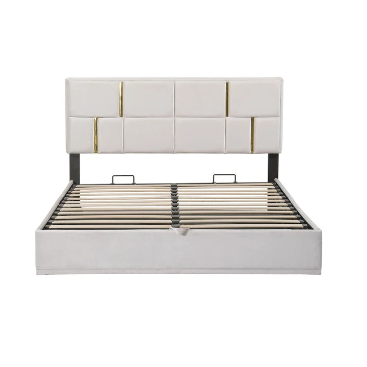 Lit queen rembourré avec rangement - Beige
