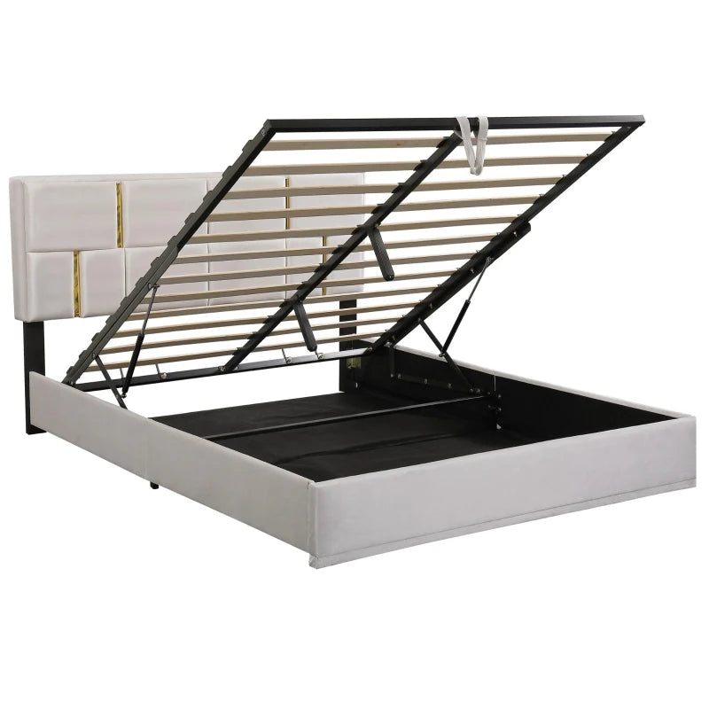 Lit queen rembourré avec rangement - Beige
