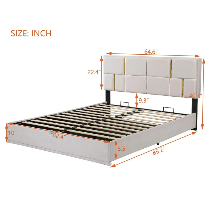 Lit queen rembourré avec rangement - Beige