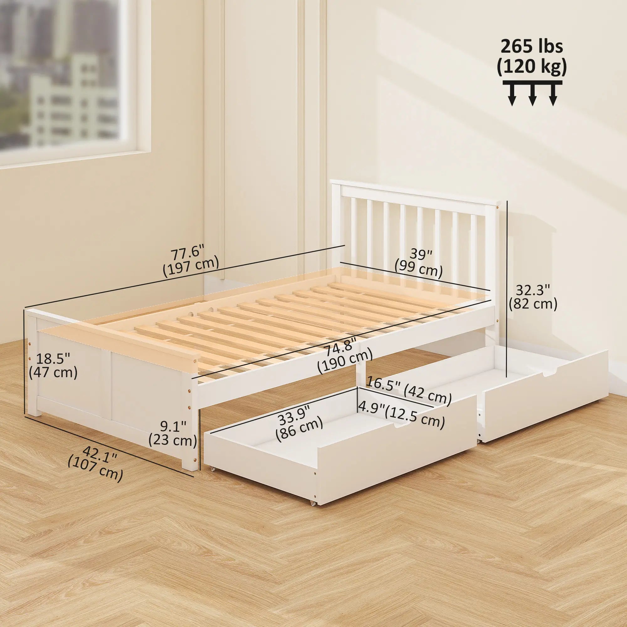 Cadre de lit simple en bois avec tiroirs de rangement