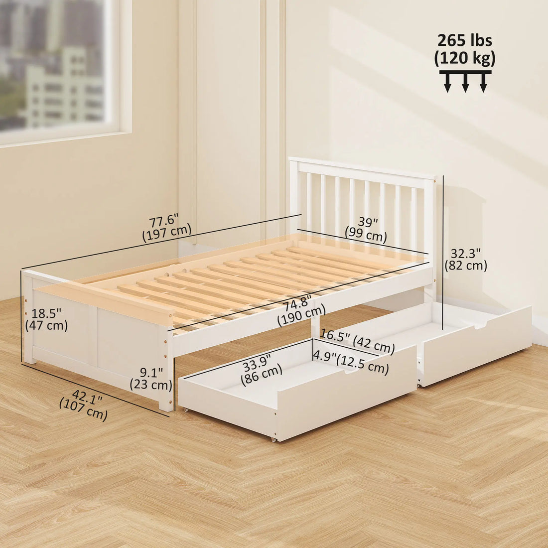 Cadre de lit simple en bois avec tiroirs de rangement